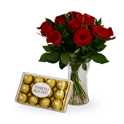 Arranjo 12 Rosas Vermelhas com Ferrero Rocher