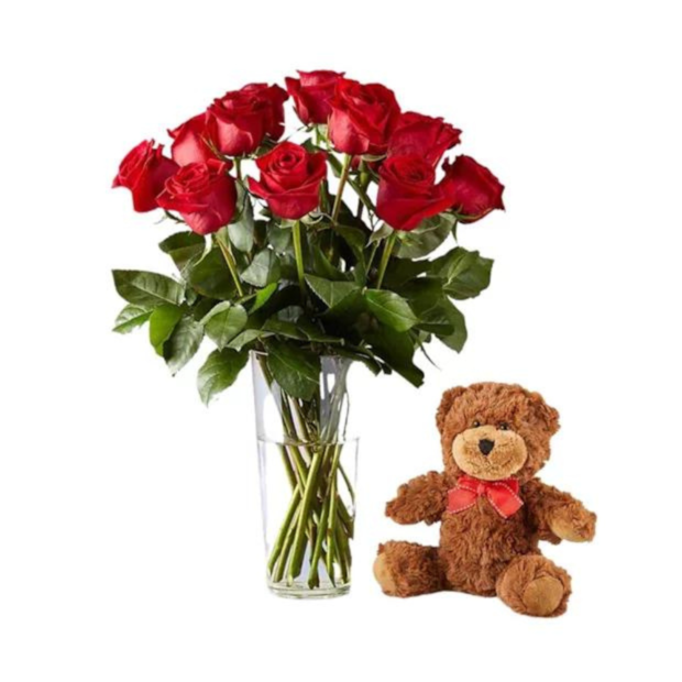 Arranjo 12 Rosas vermelhas e Urso-ff5421e9-d20f-4c27-ab63-352701627ab9