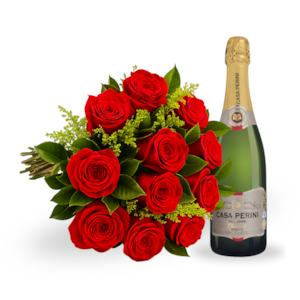 Buquê 12 Rosas Vermelhas e Espumante