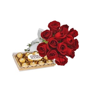 Buquê 12 Rosas Vermelhas e Ferrero Rocher