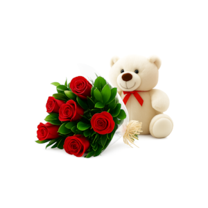 Buquê de 6 Rosas colombiana e Pelúcia