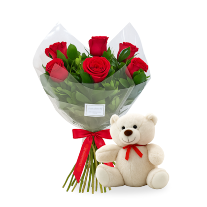 Buquê de 6 Rosas Colombianas e Pelúcia