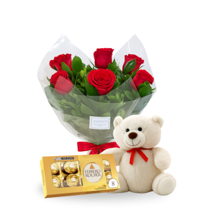 Buquê de 6 Rosas colombianas, Pelúcia e Chocolate