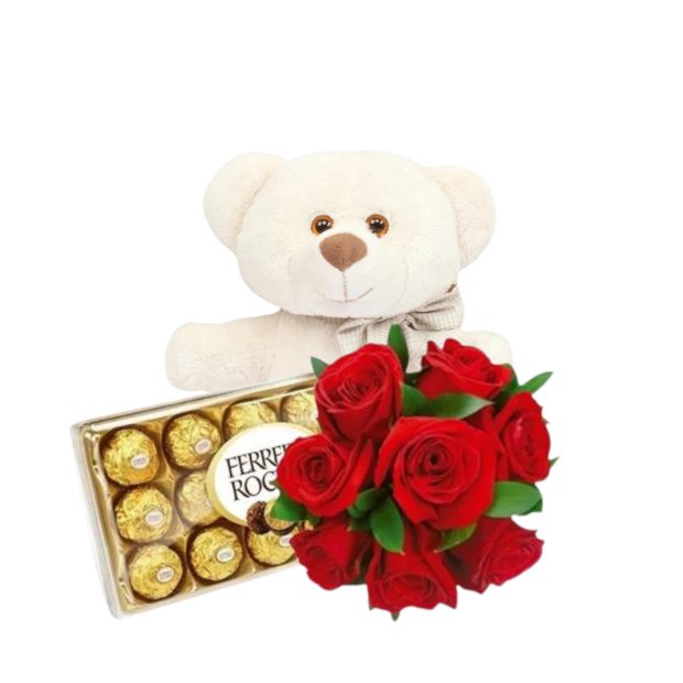 Buquê de 6 Rosas Vermelhas, Pelúcia e Chocolate-da977347-183f-4048-93b5-cc4dfde1a169