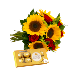 Buquê de Girassóis e rosas com Ferrero T8