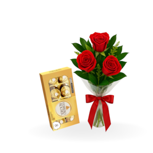 Kit Essência do Amor - Três rosas vermelhas e Ferrero T8
