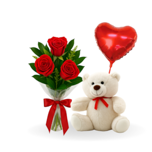 Kit Explosão de Amor - Três rosas e Urso